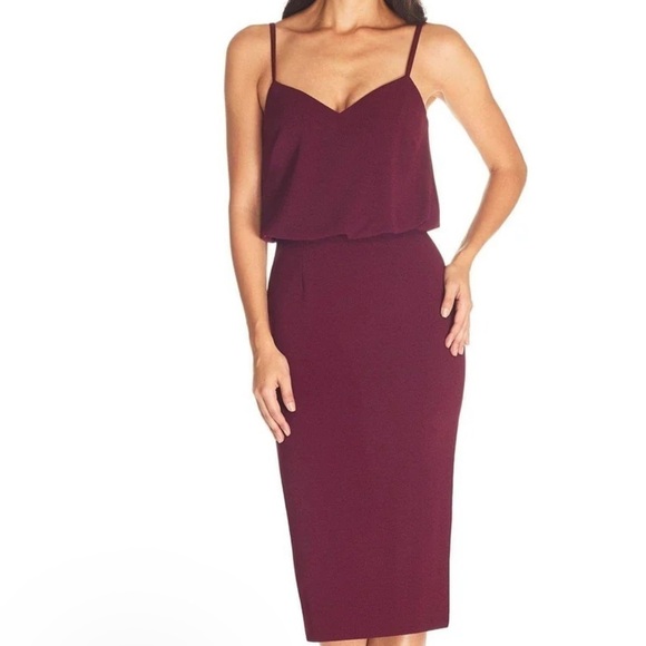 Dress The Population Alondra Sheath Blouson Pencil V-Neck Dress Burgundy Small - Picture 1 of 11
